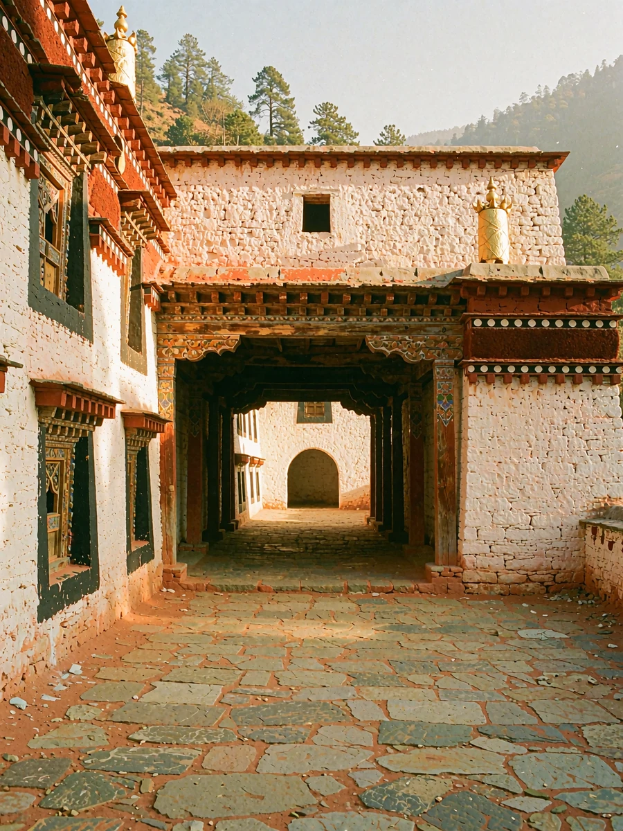 Quiet Bhutanese fortress monastery courtyard with whitewashed walls and carved timber galleries