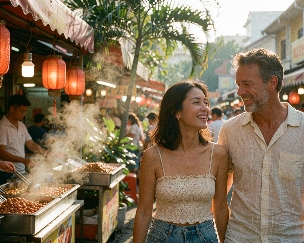Malaysian woman and Western man sharing a laugh in an evening street-food lane