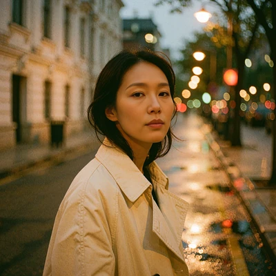 Korean woman in a cream trench coat on a city street at dusk