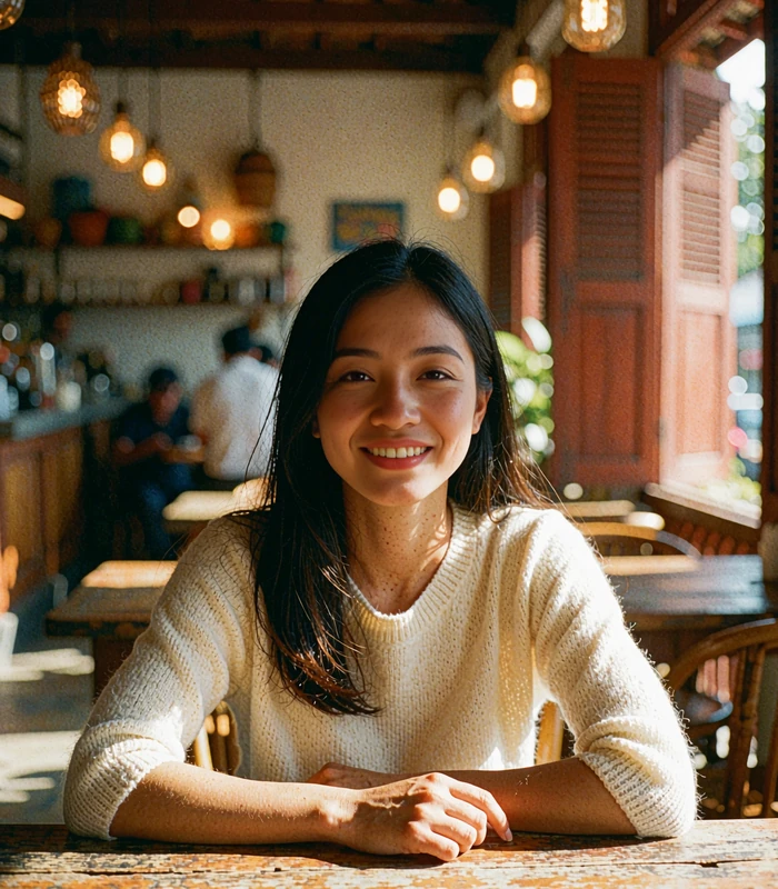 Cambodian woman in a cream knit top inside a warm Phnom Penh coffee house