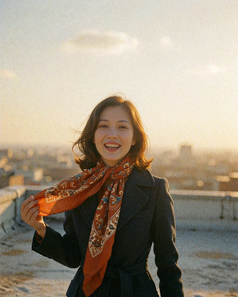 Korean woman wearing a burnt-orange scarf on a rooftop terrace at dusk