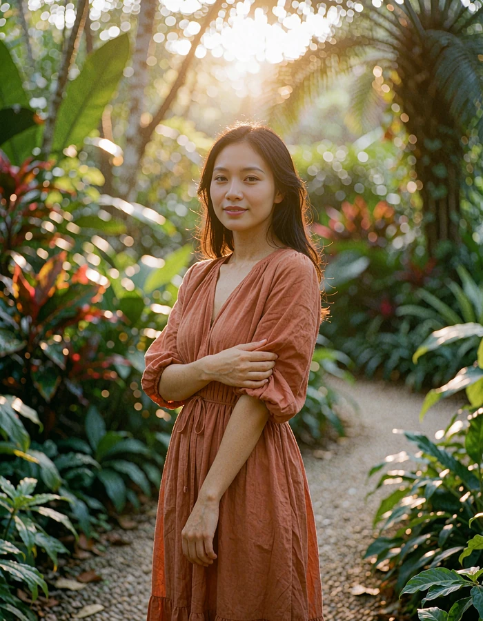 Singaporean woman in a terracotta dress on a lush garden path at golden hour