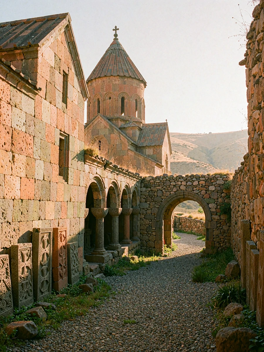 Historic Armenian stone monastery courtyard with a conical-domed church and carved cross-stones