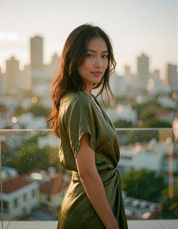 Filipina woman in an olive silk dress on an upscale rooftop terrace at dusk