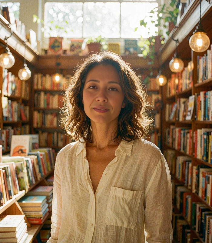 Malaysian woman in a cream linen shirt standing in a warmly lit bookshop