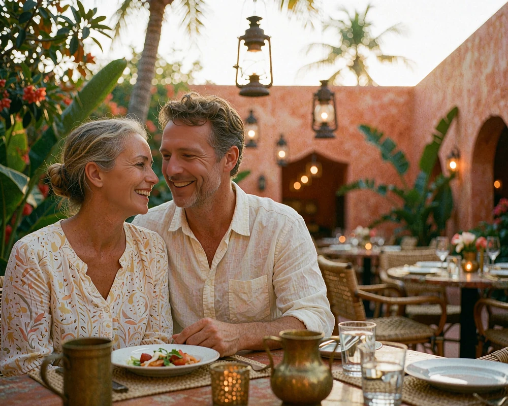 Cambodian woman and Western man sharing a warm outdoor dinner conversation