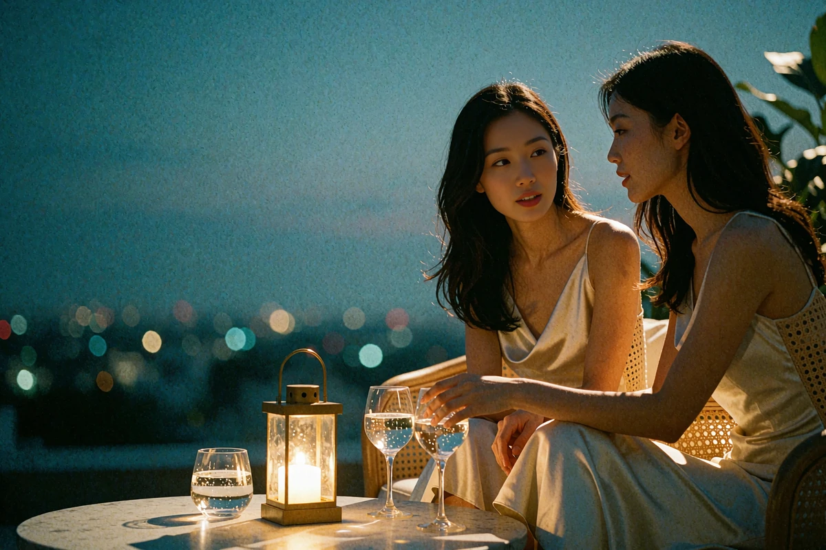 Two Asian women sharing a close conversation at a softly lit rooftop lounge table