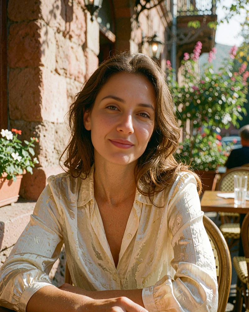 Armenian woman in a cream blouse seated at a sunlit outdoor café table