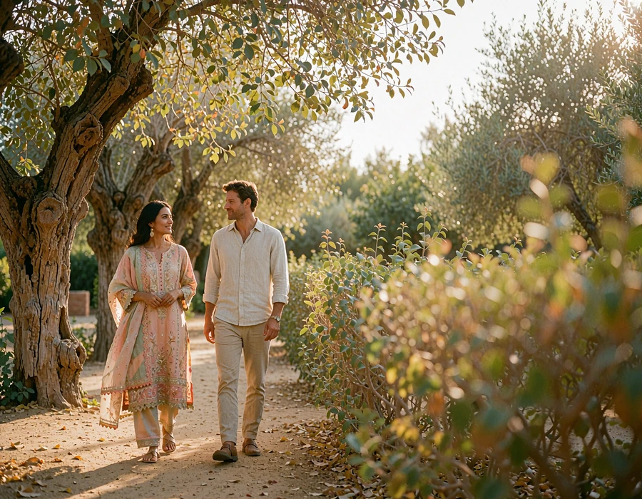 Pakistani woman and Western man talking while walking together along a garden path at evening