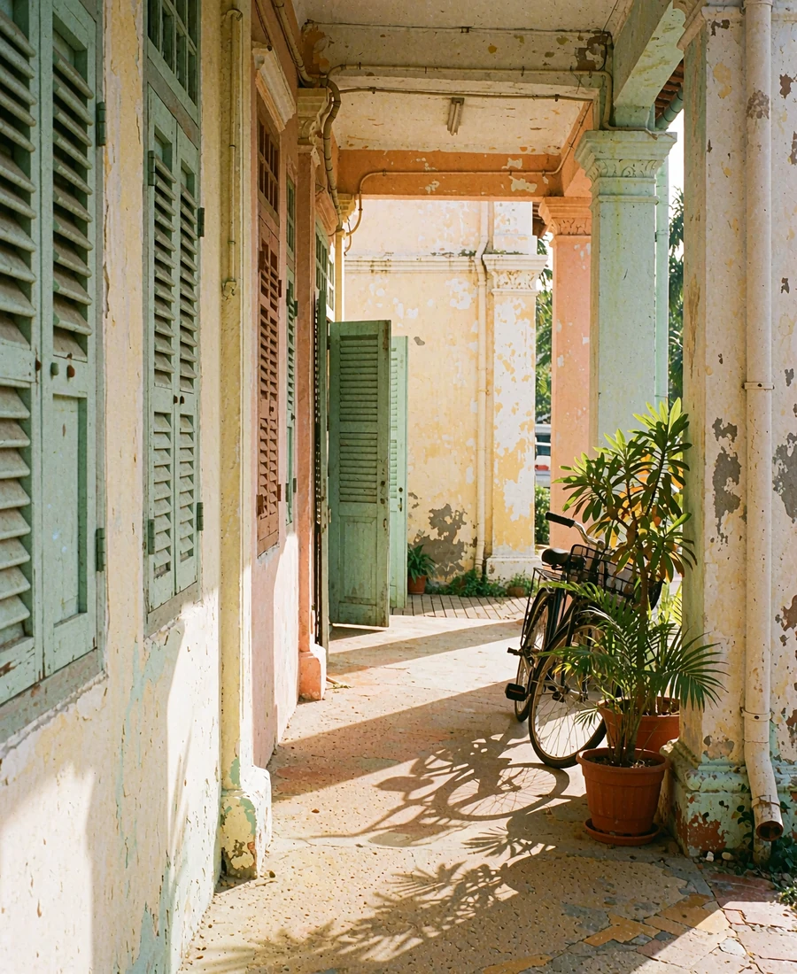 Restored Penang shophouses with pastel facades and a covered tropical walkway
