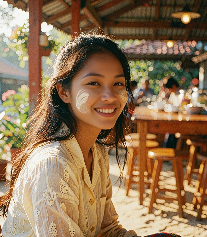 Burmese woman in a pale cream blouse smiling in a warm open-air teahouse