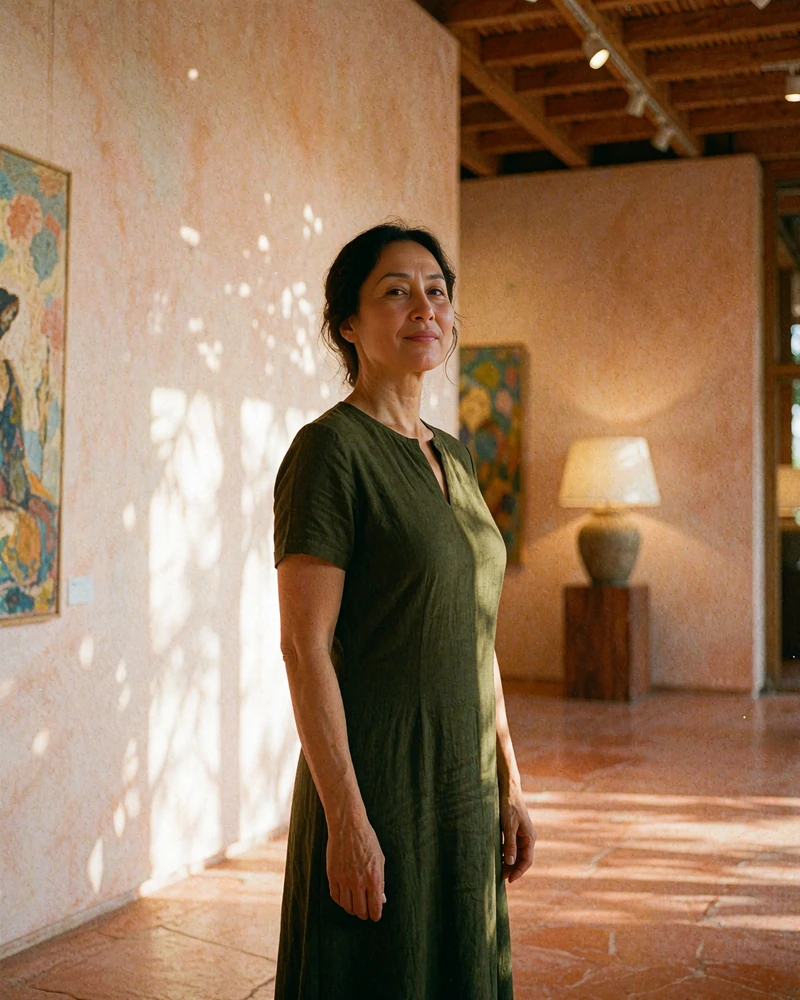 Kazakh woman in a deep olive dress standing in a softly lit modern gallery lobby