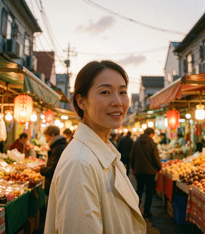 Korean-heritage woman in a cream trench coat in a softly lit evening market lane