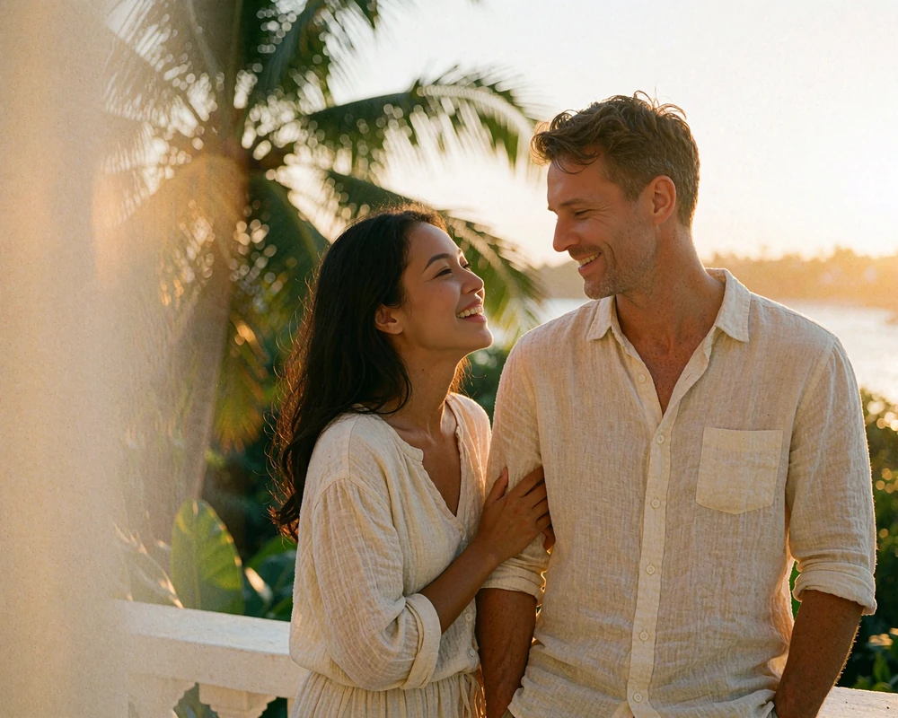 Indonesian woman and Western man laughing together on a tropical terrace at sunset