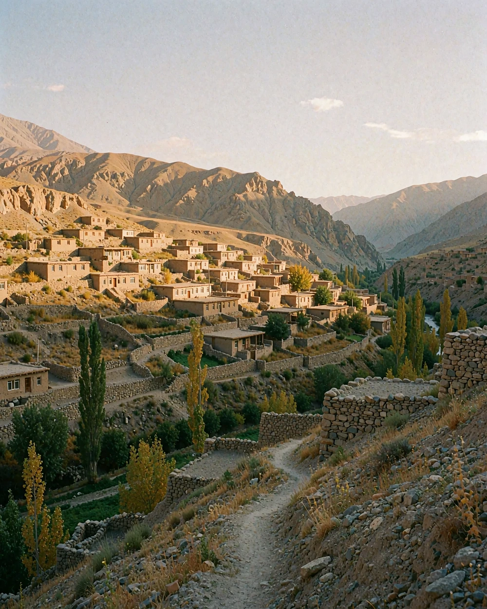 Terraced Tajik mountain village with stone homes and poplar trees above a green valley