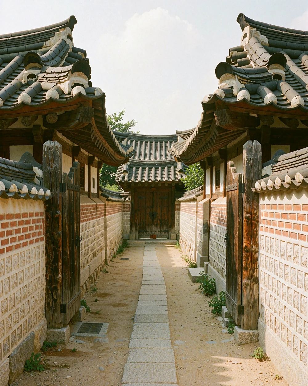 Quiet traditional Korean hanok courtyard with a stone path leading toward a wooden gate