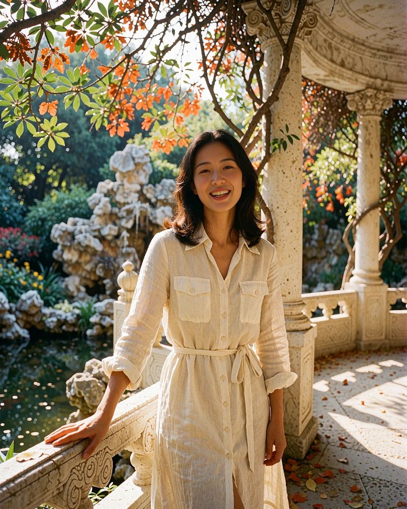 Chinese woman in a linen shirt dress laughing beneath a classical garden pavilion