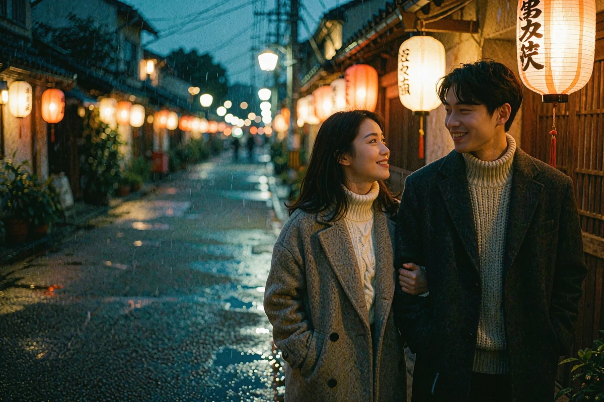 Asian couple sharing an amused conversation during an evening stroll under lanterns