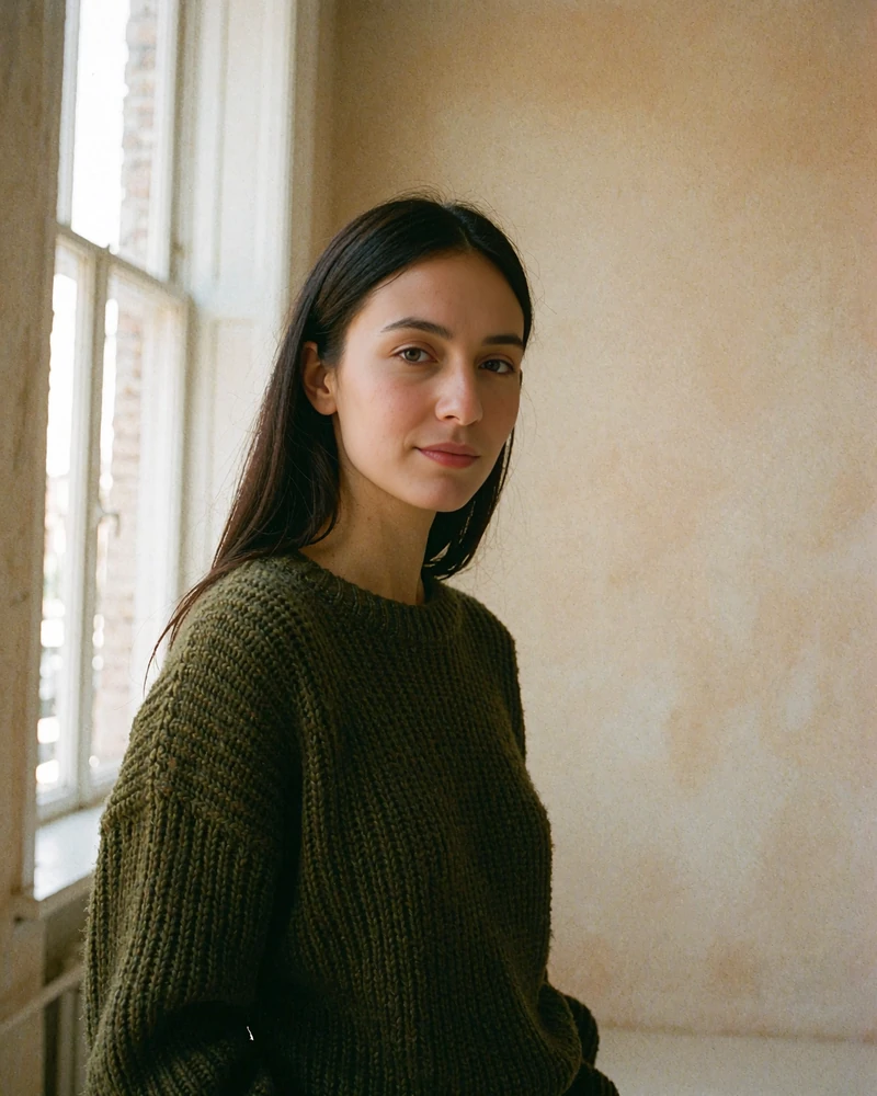 Uzbek woman in a deep olive sweater beside a bright studio window