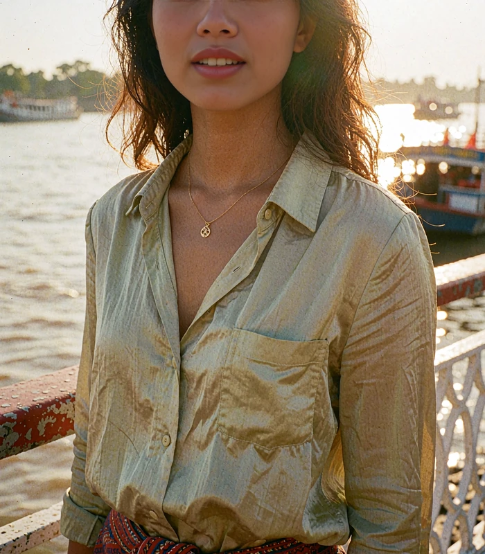 Cambodian woman in a pale olive blouse on a golden Mekong riverside promenade