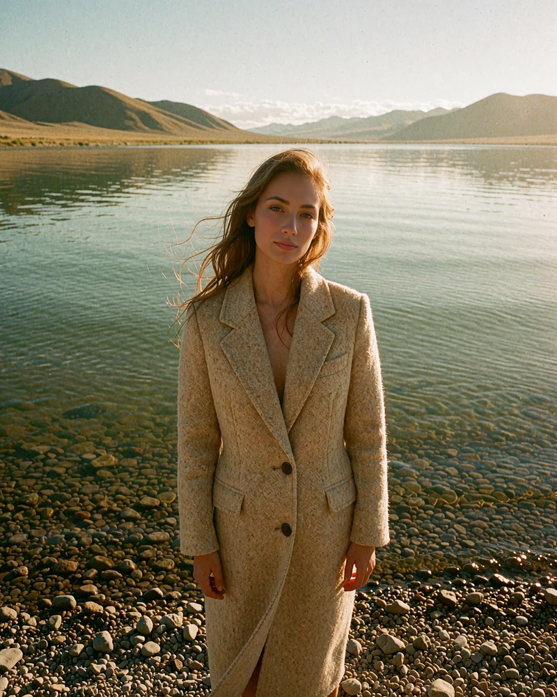 Kyrgyz woman in a sand-colored coat standing beside a calm lake at golden hour