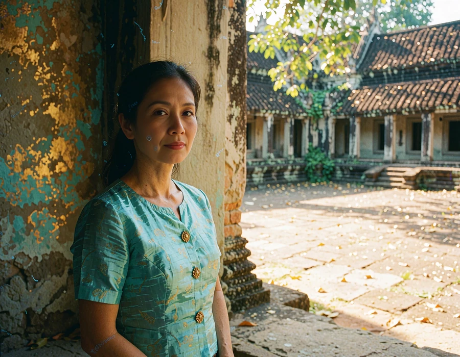Thai woman in a turquoise silk blouse standing in a shaded temple courtyard