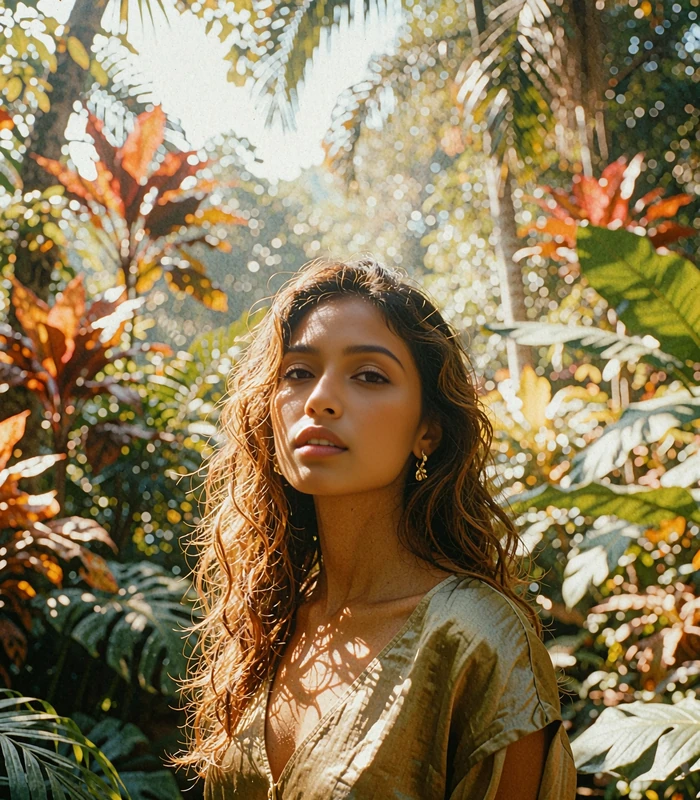 Indian-Malaysian woman in an olive silk top standing in a tropical botanical garden