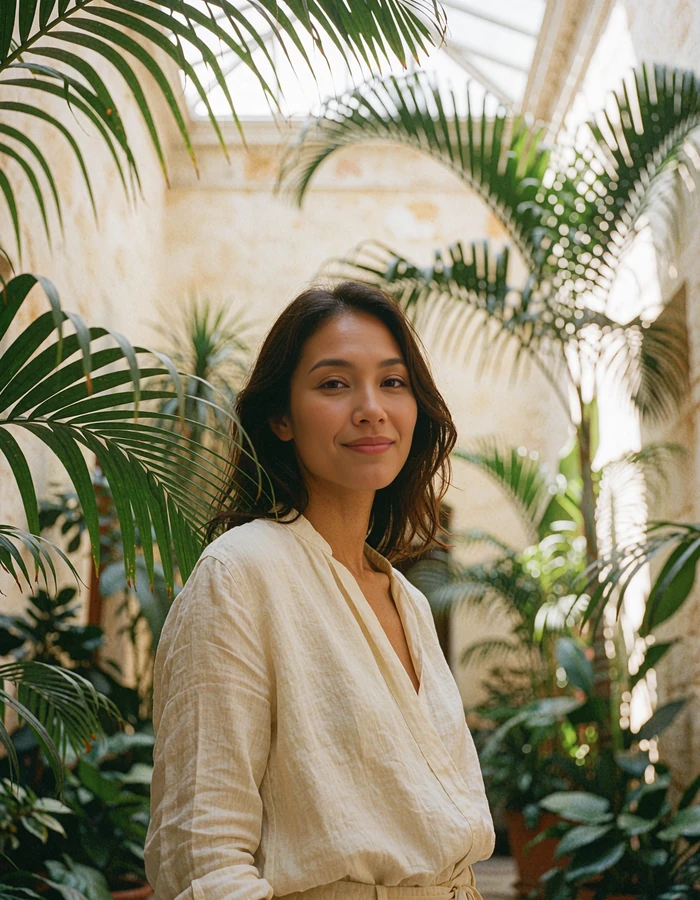 Indonesian woman in a cream linen blouse smiling inside a bright plant-filled atrium