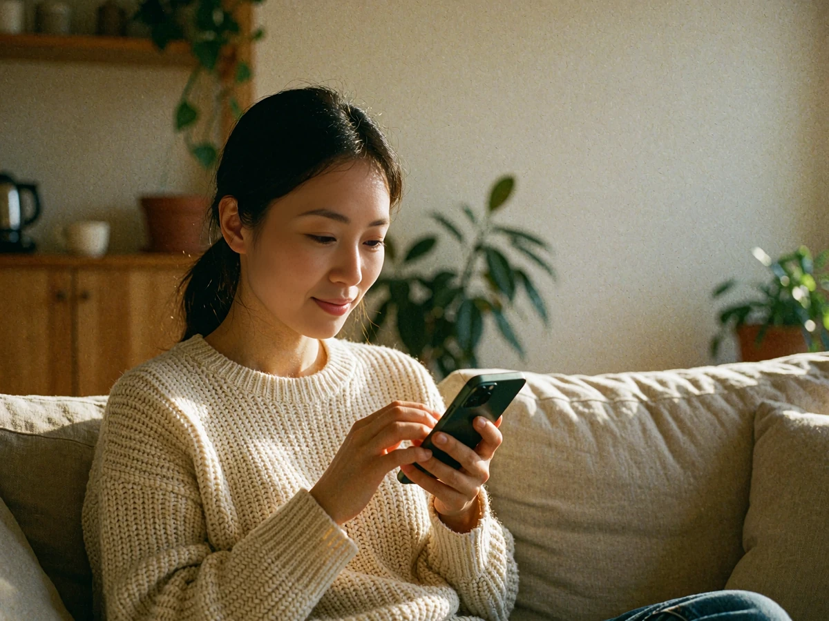 Asian woman in a cream sweater thoughtfully composing a message at home