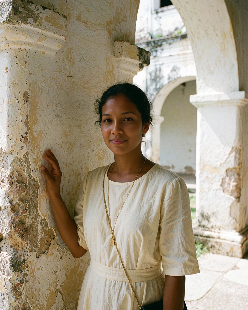 Timorese woman in a cream dress standing in a whitewashed church courtyard