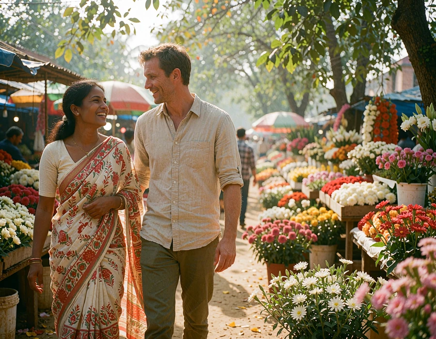 Bangladeshi woman and Western man laughing together while walking through a flower market