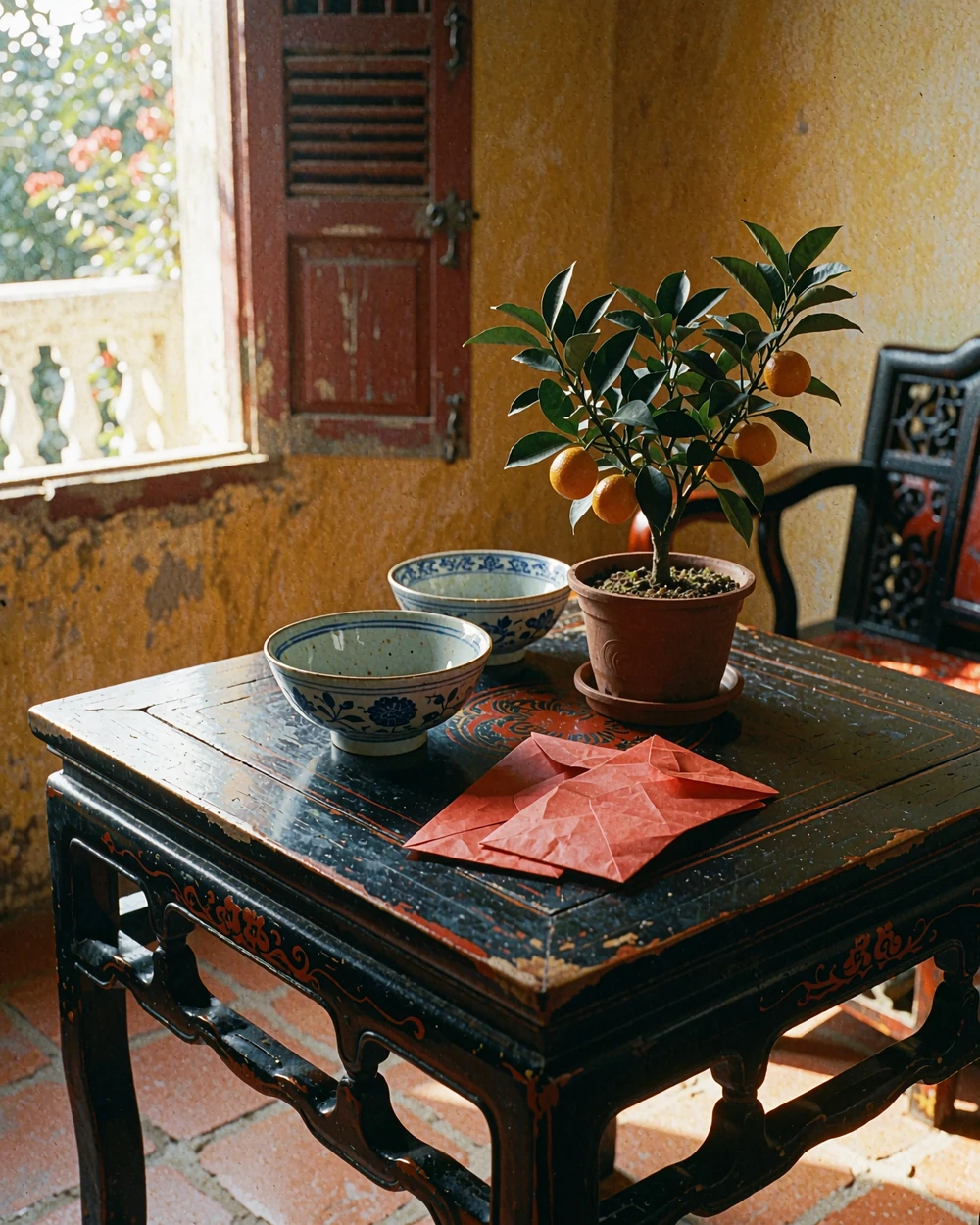 Vietnamese home table with ceramic bowls, a kumquat tree and plain red envelopes for Tết