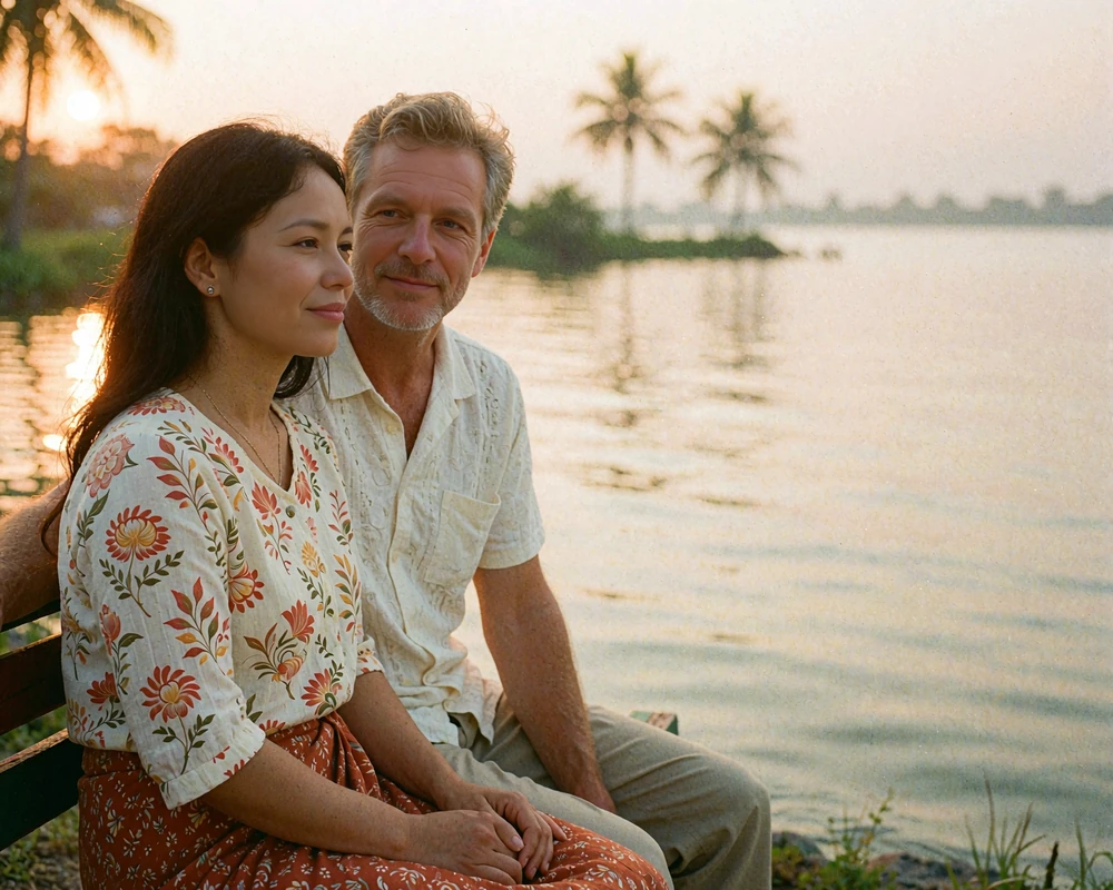 Burmese woman and Western man smiling together beside a calm lake at sunset
