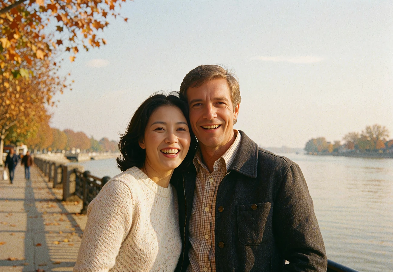 Korean woman and Western man laughing together on an autumn riverside promenade