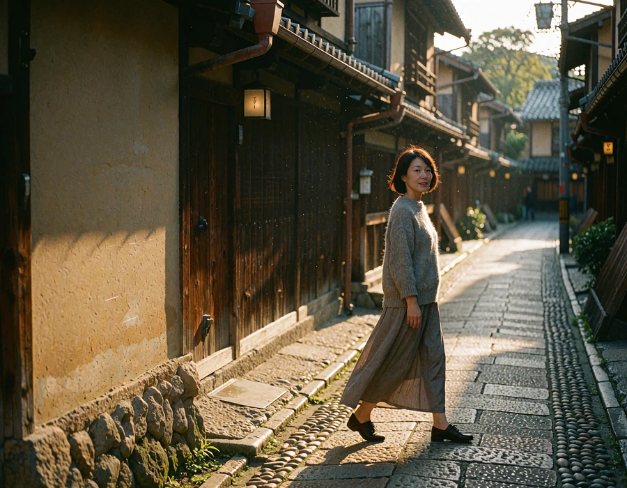 Japanese woman in a soft gray outfit walking through a traditional wooden lane