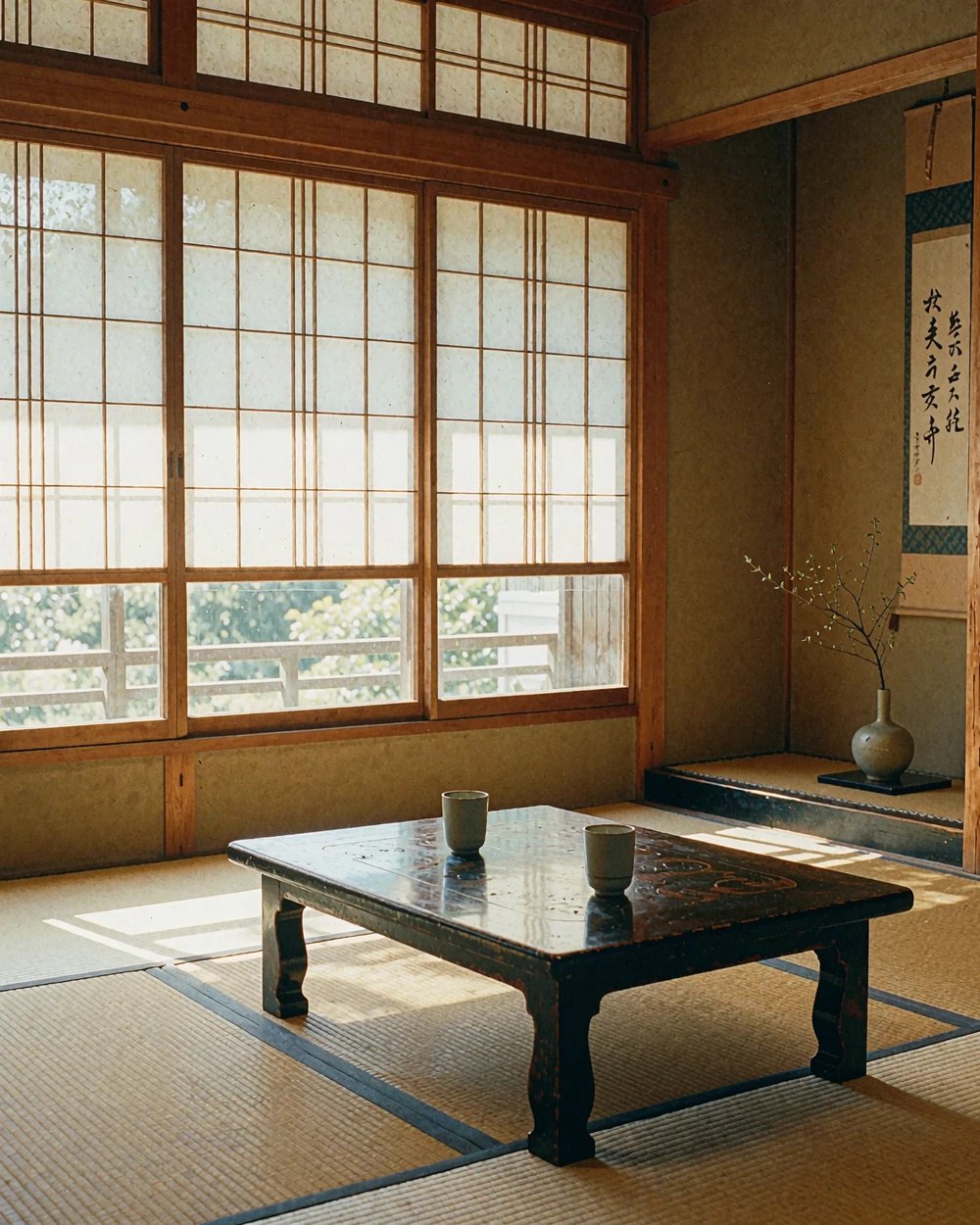 Quiet Japanese inn room with pale tatami, a low lacquer table and ceramic cups