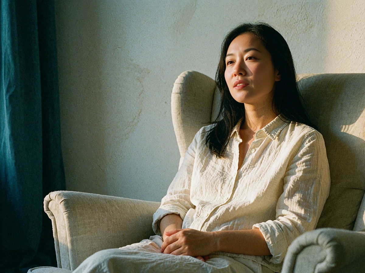 Asian woman listening with a calm open expression beside a softly lit window