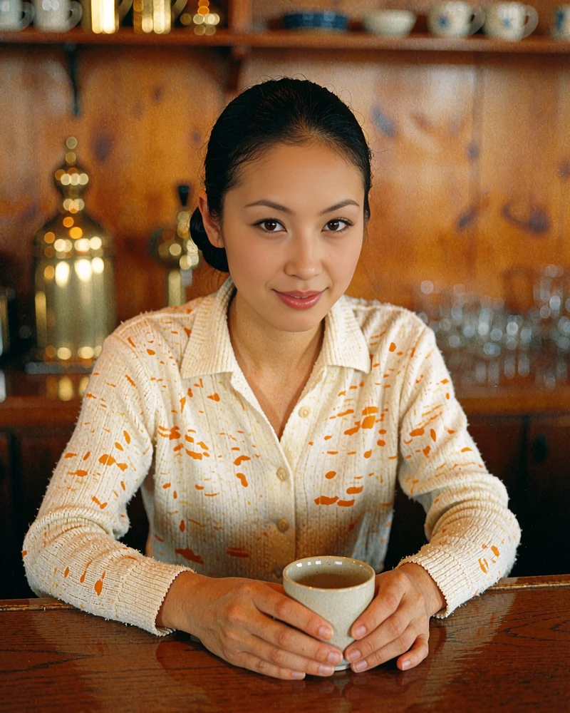 Japanese woman holding a small coffee cup at a polished wooden café counter