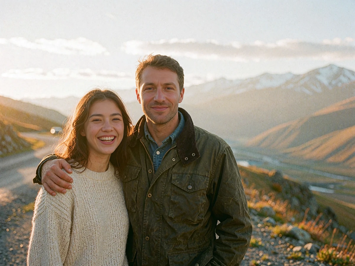 Kyrgyz woman and Western man smiling together beside a mountain road at golden hour