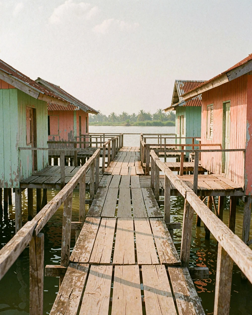 Wooden walkway through a traditional Bruneian water village beside calm river water