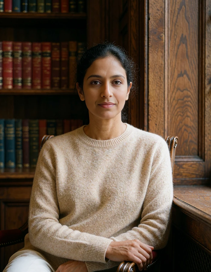 Indian woman in a sand cashmere sweater seated in a wood-panelled reading room