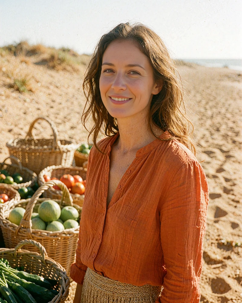 Lao woman in a burnt-orange blouse at a morning market with woven baskets behind her