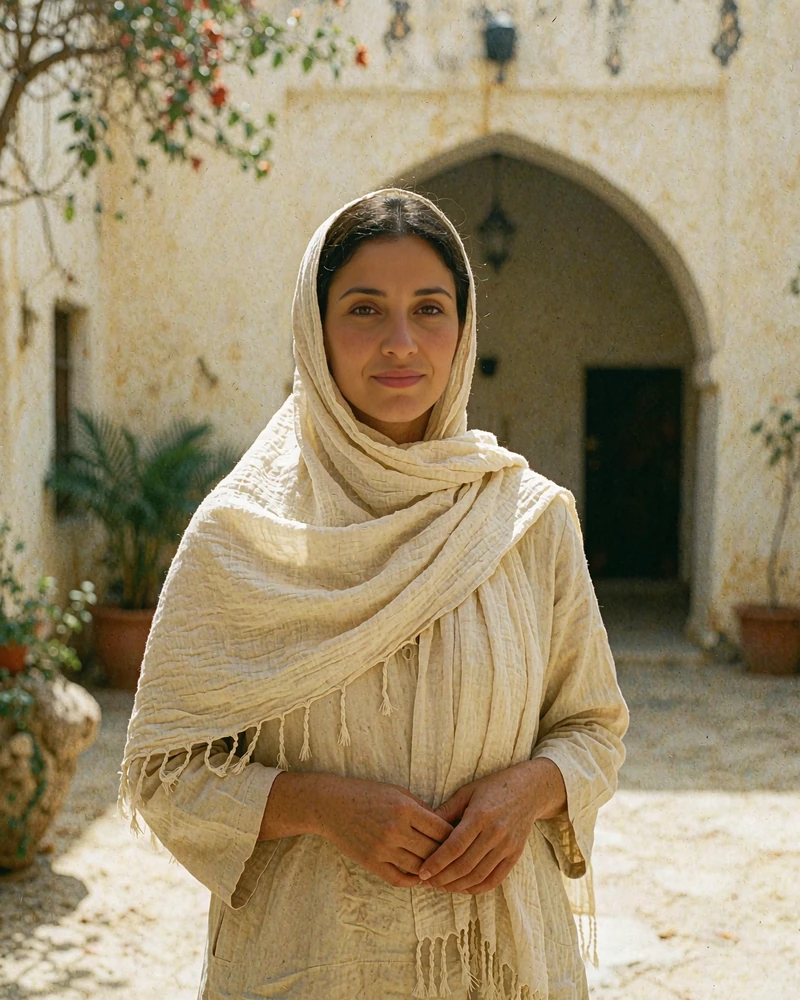 Yemeni woman in a cream headscarf standing in a bright courtyard for a serious dating profile