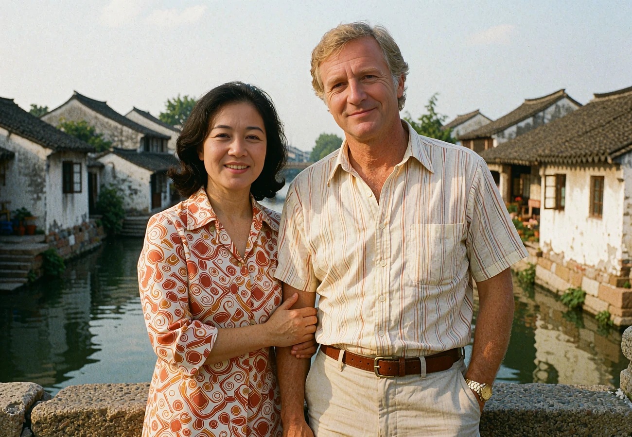 Chinese woman and Western man smiling together on a stone bridge over a quiet canal
