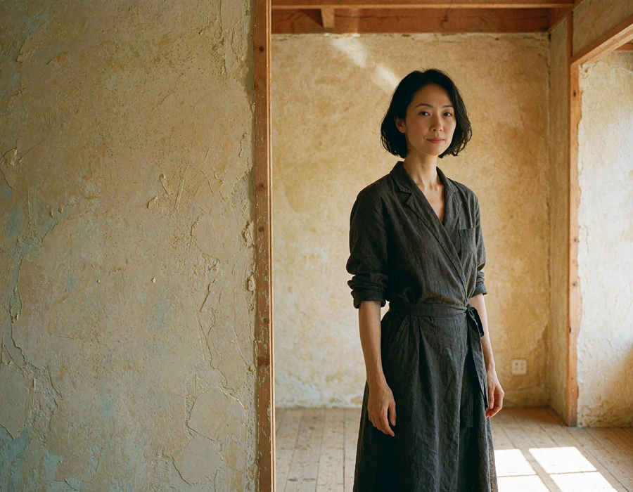 Japanese woman in a charcoal wrap dress standing in a minimal wooden atelier