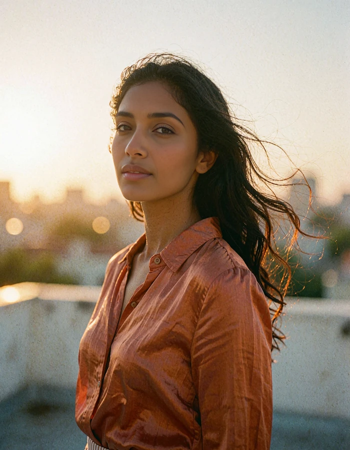 Indian woman in a terracotta silk blouse on a rooftop terrace at sunset