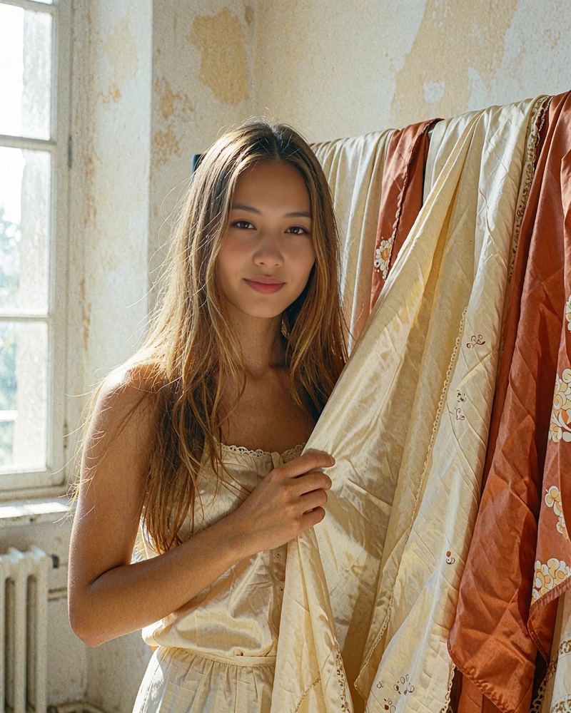 Chinese woman beside cream and rust silk fabrics in a softly lit atelier