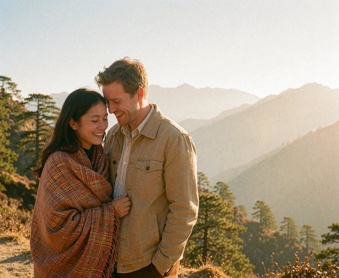 Bhutanese woman and Western man laughing together at a Himalayan mountain viewpoint
