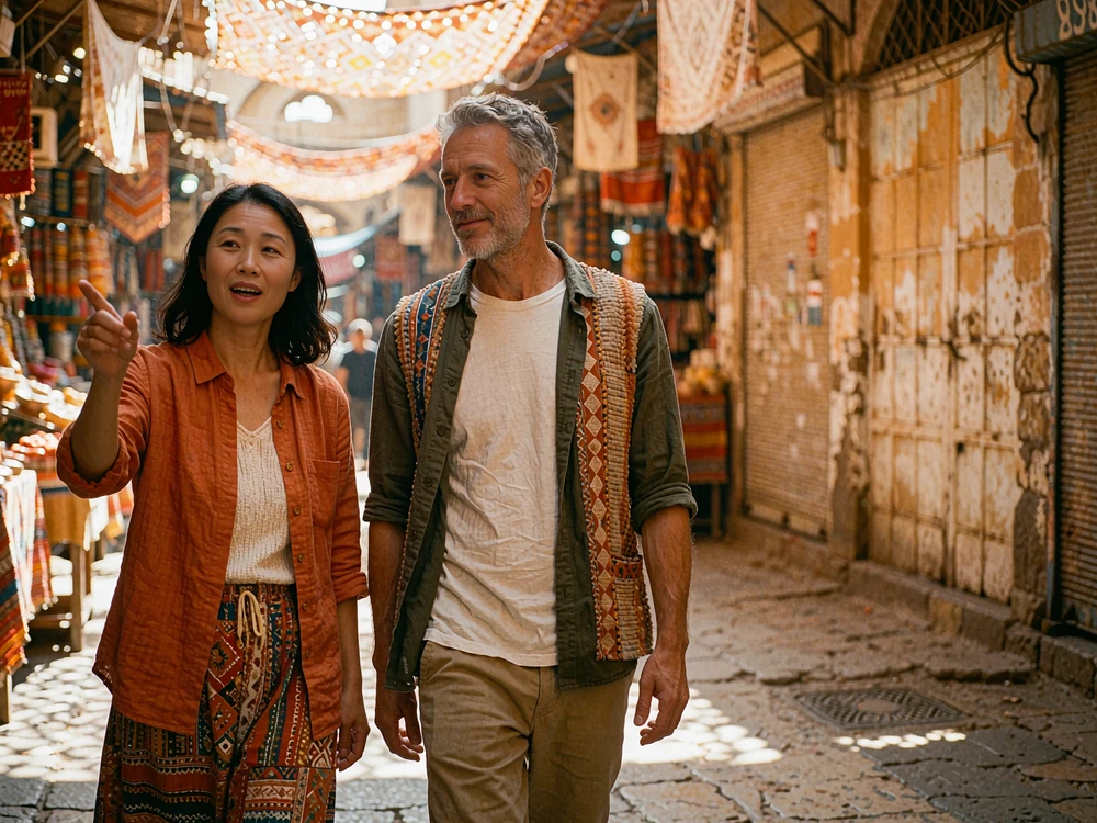Asian woman and Western man walking together through a warm covered market lane
