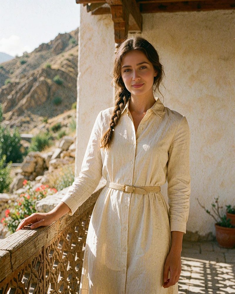 Tajik woman in a cream dress standing beside a carved wooden terrace railing